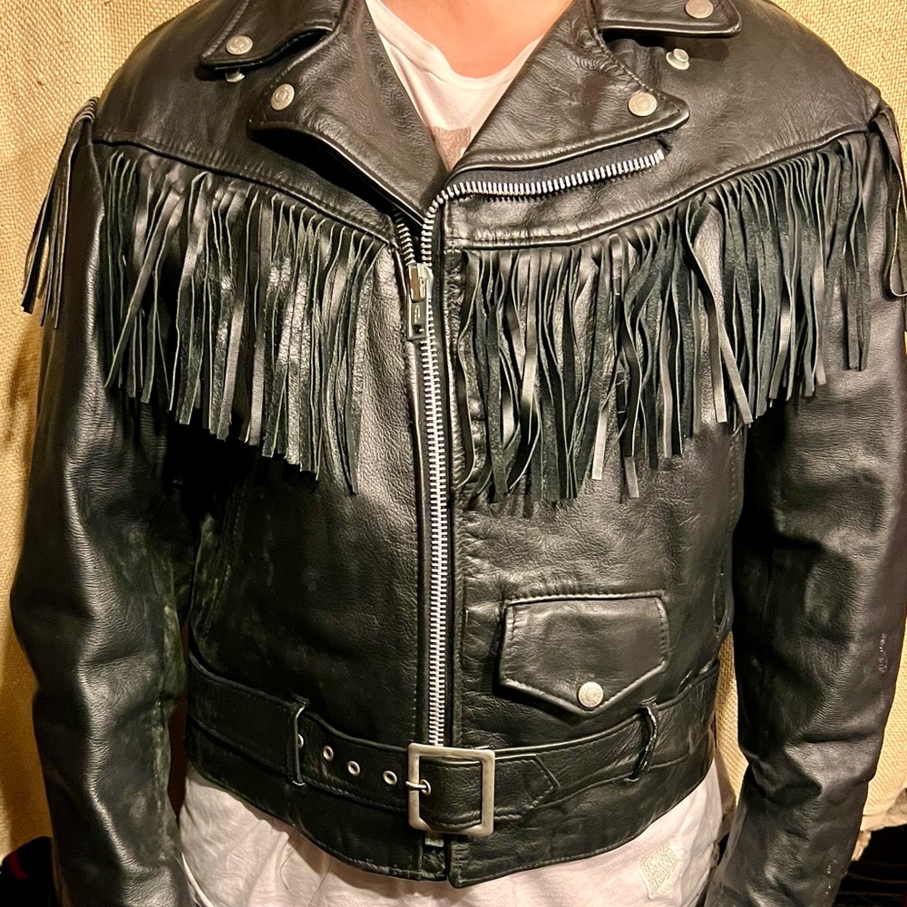 Schott 46 black leather fringe vintage motorcycle jacket